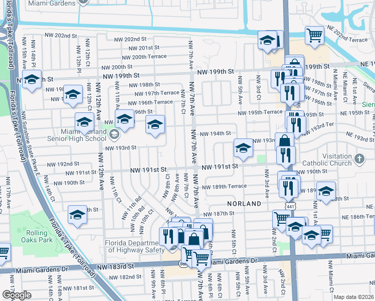 map of restaurants, bars, coffee shops, grocery stores, and more near 19300 Northwest 7th Avenue in Miami