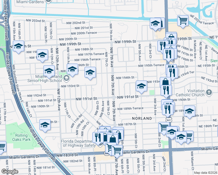 map of restaurants, bars, coffee shops, grocery stores, and more near 19300 Northwest 7th Avenue in Miami