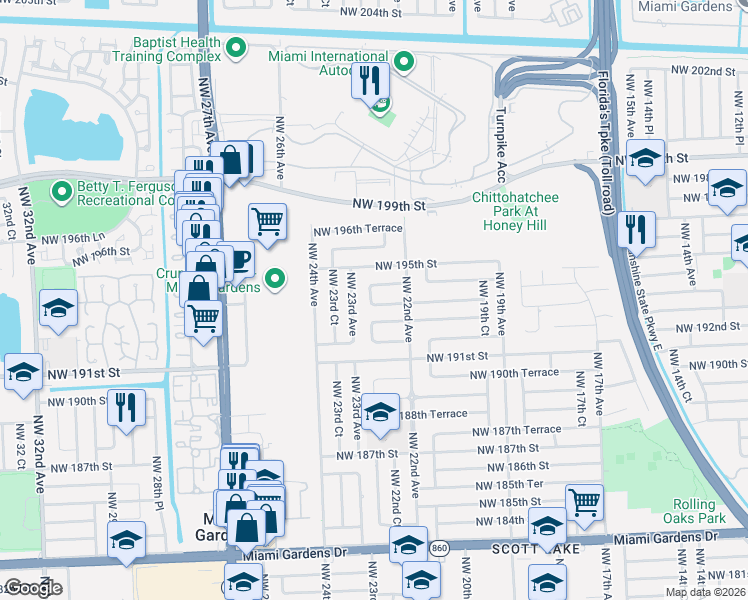map of restaurants, bars, coffee shops, grocery stores, and more near 2271 Northwest 194th Terrace in Miami Gardens