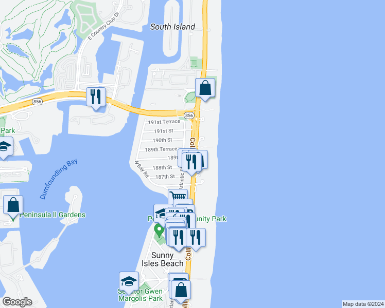 map of restaurants, bars, coffee shops, grocery stores, and more near 18965 Atlantic Boulevard in Sunny Isles Beach