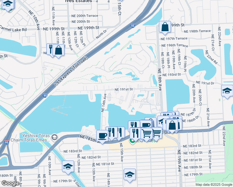 map of restaurants, bars, coffee shops, grocery stores, and more near 1401 Northeast 191st Street in Miami