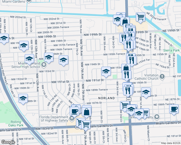 map of restaurants, bars, coffee shops, grocery stores, and more near 19321 Northwest 6th Court in Miami