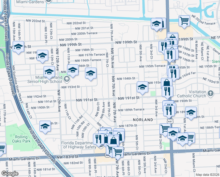 map of restaurants, bars, coffee shops, grocery stores, and more near 19300 Northwest 7th Avenue in Miami