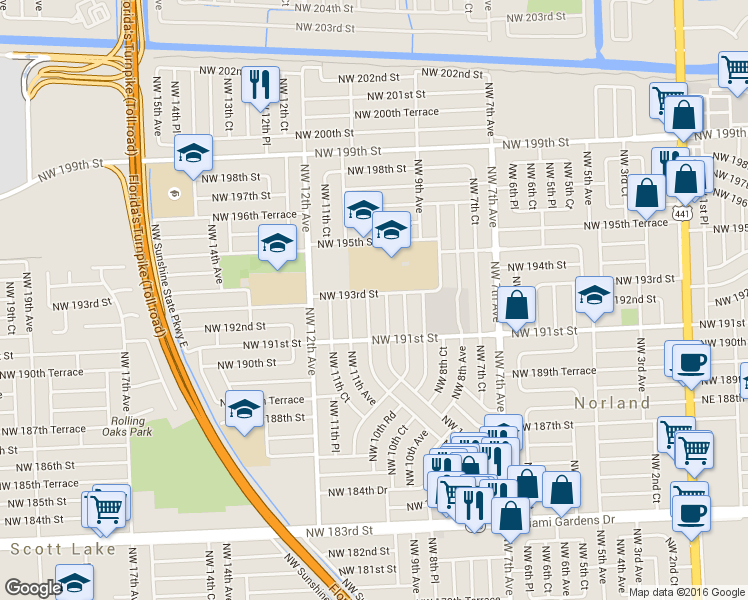 map of restaurants, bars, coffee shops, grocery stores, and more near 1050 Northwest 193rd Street in Miami