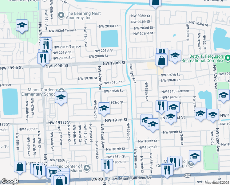 map of restaurants, bars, coffee shops, grocery stores, and more near 4000 Northwest 196th Street in Miami Gardens