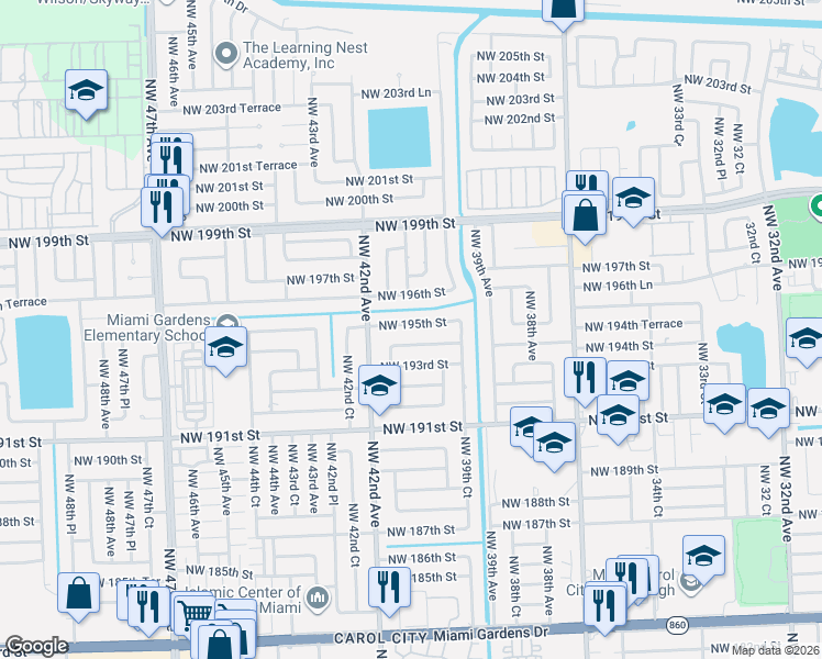 map of restaurants, bars, coffee shops, grocery stores, and more near 4000 Northwest 196th Street in Miami Gardens