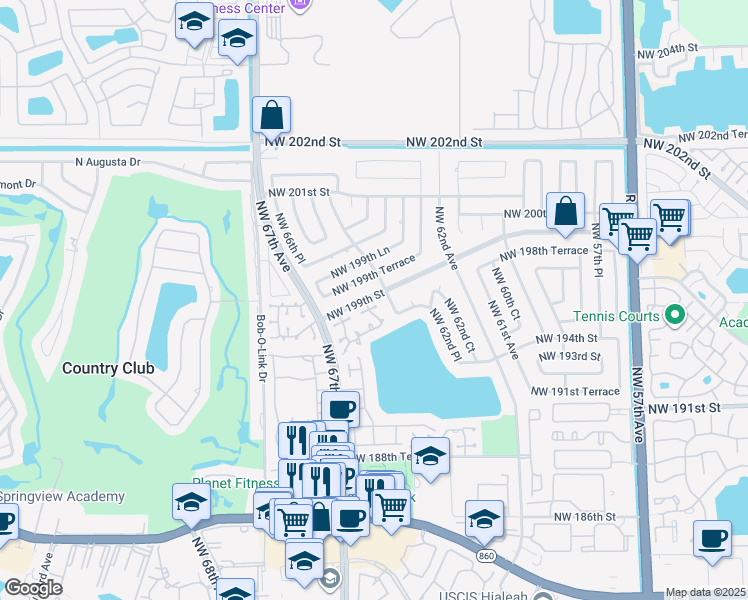 map of restaurants, bars, coffee shops, grocery stores, and more near 6404 Northwest 199th Terrace in Hialeah