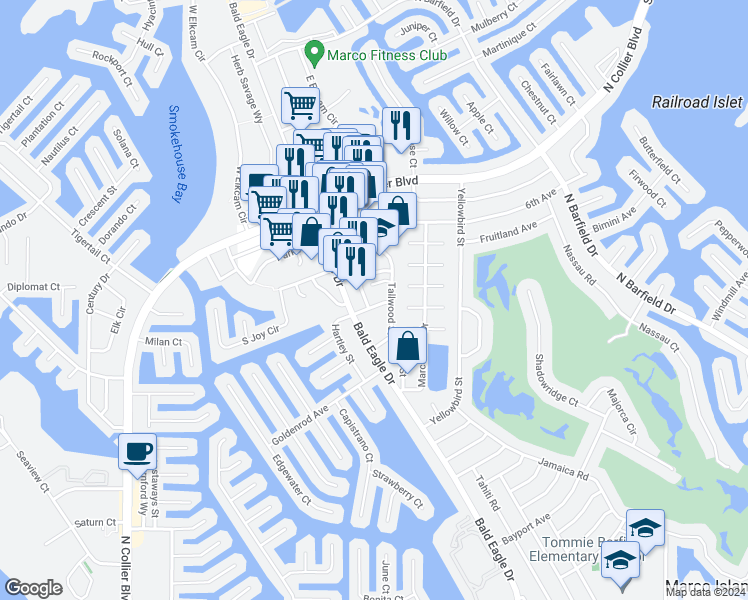 map of restaurants, bars, coffee shops, grocery stores, and more near 542 Eden Court in Marco Island