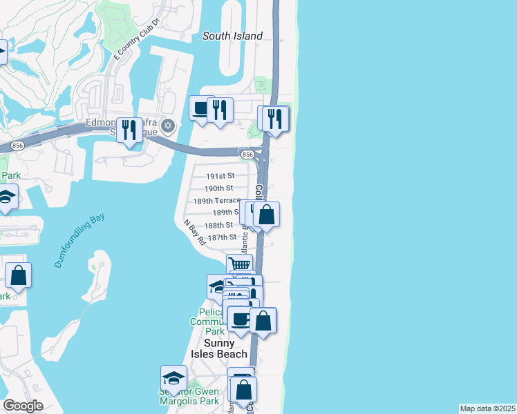 map of restaurants, bars, coffee shops, grocery stores, and more near 18965 Atlantic Boulevard in Sunny Isles Beach