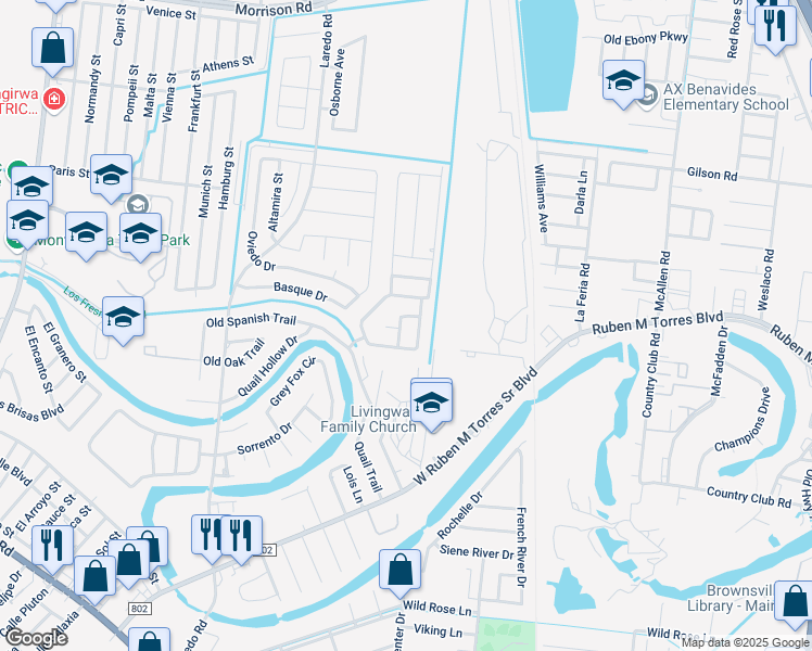 map of restaurants, bars, coffee shops, grocery stores, and more near 4045 Azalea Trail in Brownsville
