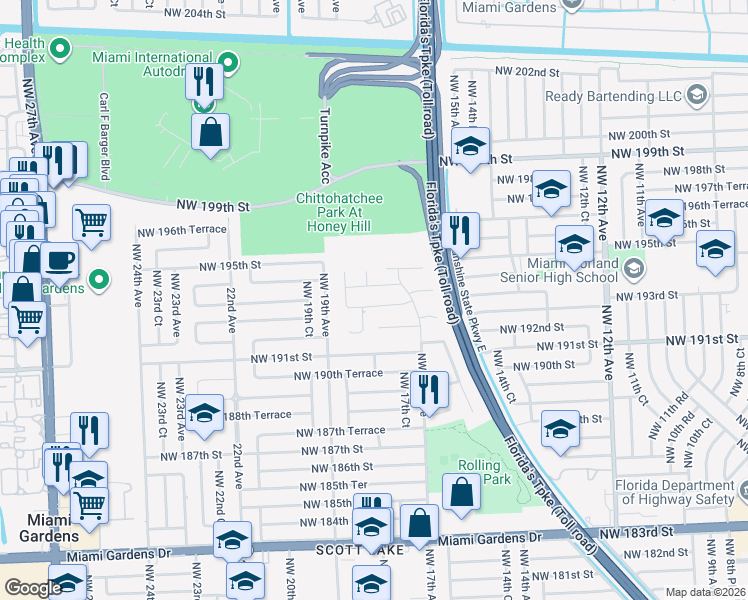 map of restaurants, bars, coffee shops, grocery stores, and more near 1805 Northwest 194th Street in Miami Gardens