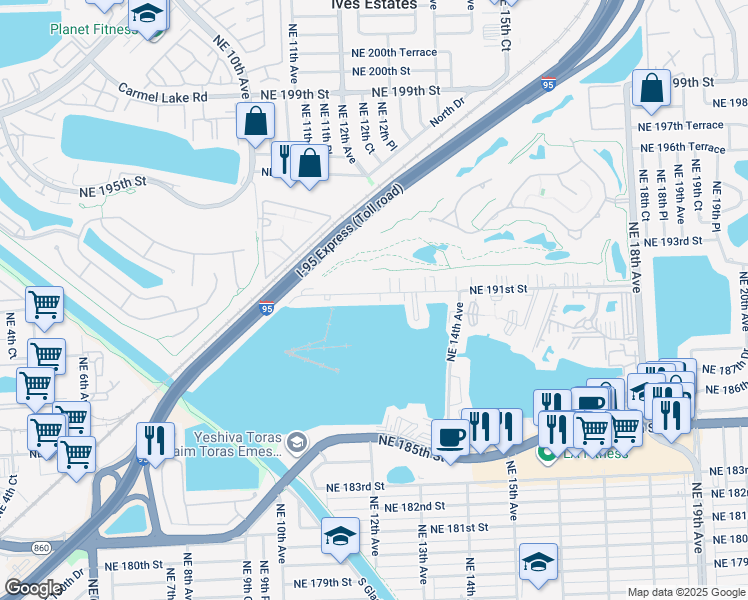map of restaurants, bars, coffee shops, grocery stores, and more near 1201 Northeast 191st Street in North Miami Beach