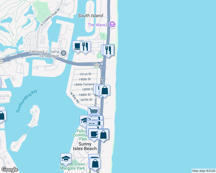 map of restaurants, bars, coffee shops, grocery stores, and more near 18975 Collins Avenue in Sunny Isles Beach