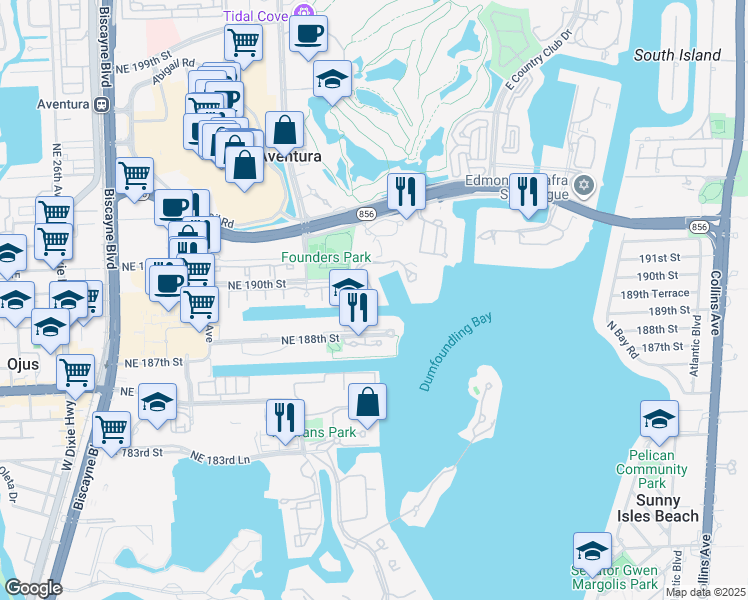 map of restaurants, bars, coffee shops, grocery stores, and more near 3340 Northeast 190th Street in Miami