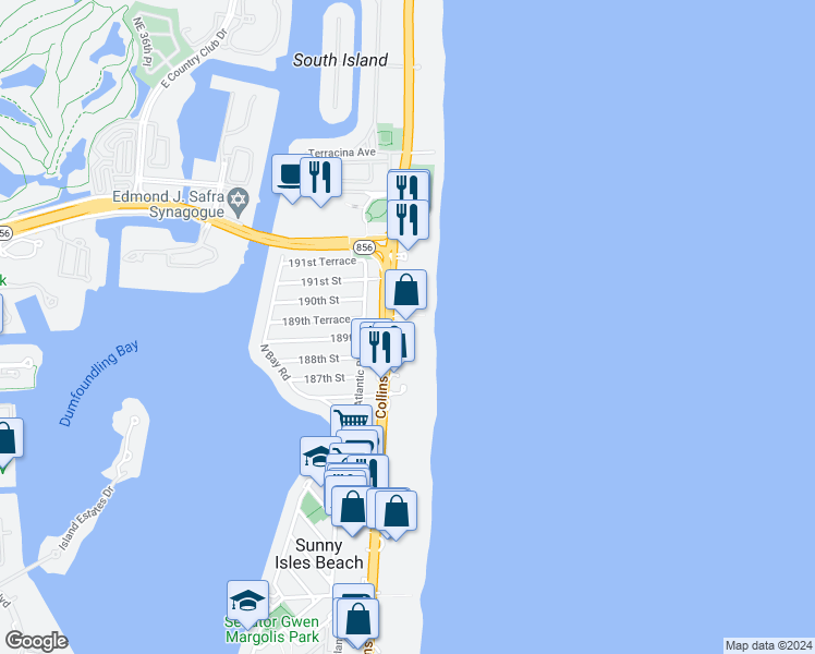 map of restaurants, bars, coffee shops, grocery stores, and more near 18975 Collins Avenue in Sunny Isles Beach