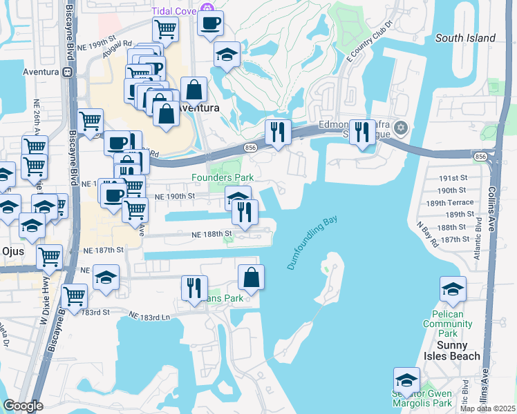 map of restaurants, bars, coffee shops, grocery stores, and more near 3340 Northeast 190th Street in Miami