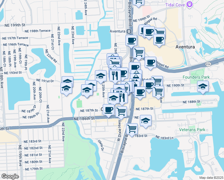 map of restaurants, bars, coffee shops, grocery stores, and more near 2567 Northeast 190th Street in Miami