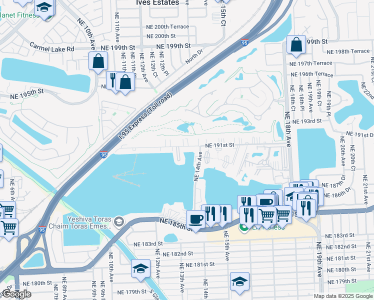 map of restaurants, bars, coffee shops, grocery stores, and more near 1351 Northeast 191st Street in North Miami Beach