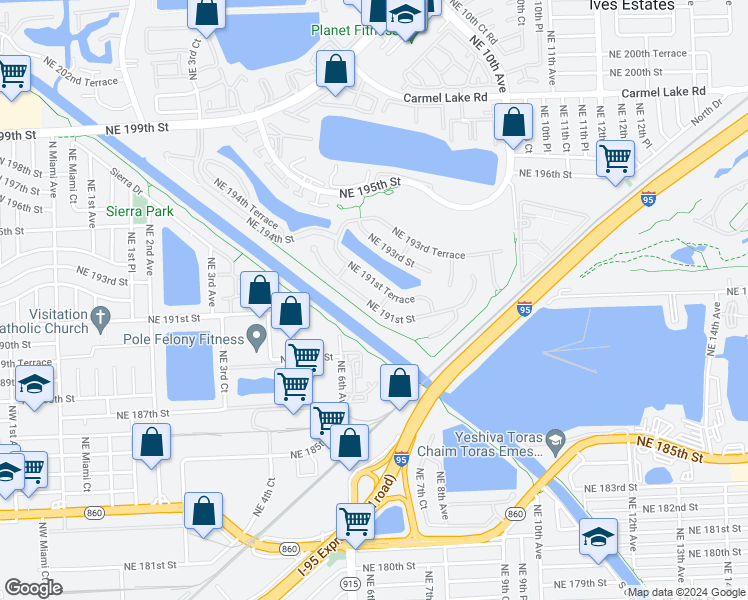 map of restaurants, bars, coffee shops, grocery stores, and more near 677 Northeast 191st Street in Miami