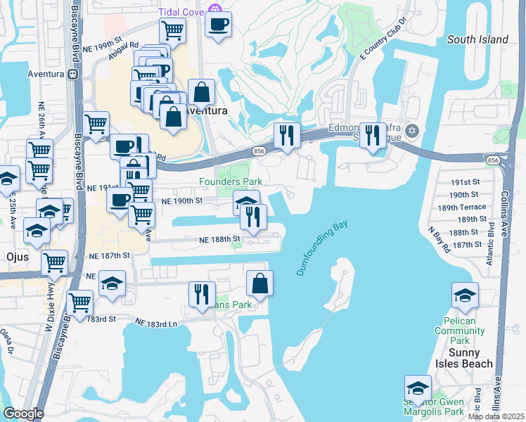 map of restaurants, bars, coffee shops, grocery stores, and more near 3330 Northeast 190th Street in Aventura