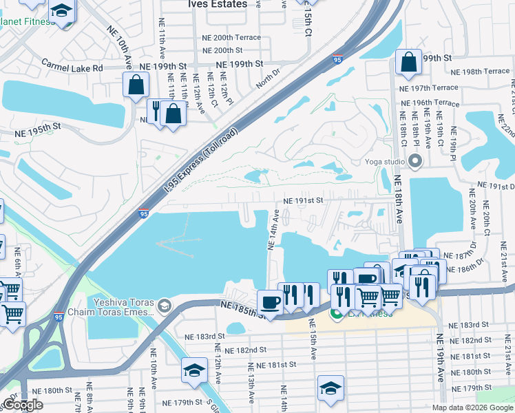 map of restaurants, bars, coffee shops, grocery stores, and more near 1351 Northeast 191st Street in North Miami Beach