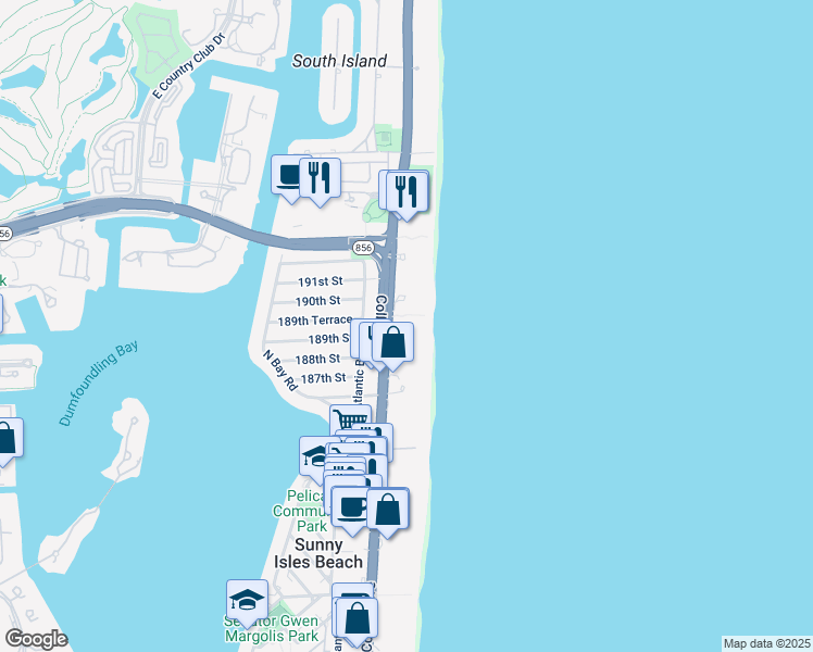 map of restaurants, bars, coffee shops, grocery stores, and more near 18911 Collins Avenue in Sunny Isles Beach