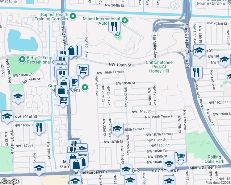 map of restaurants, bars, coffee shops, grocery stores, and more near 2271 Northwest 194th Terrace in Miami Gardens