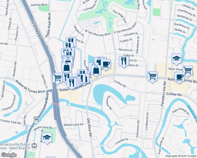 map of restaurants, bars, coffee shops, grocery stores, and more near 1414 East Ruben M Torres Boulevard in Brownsville