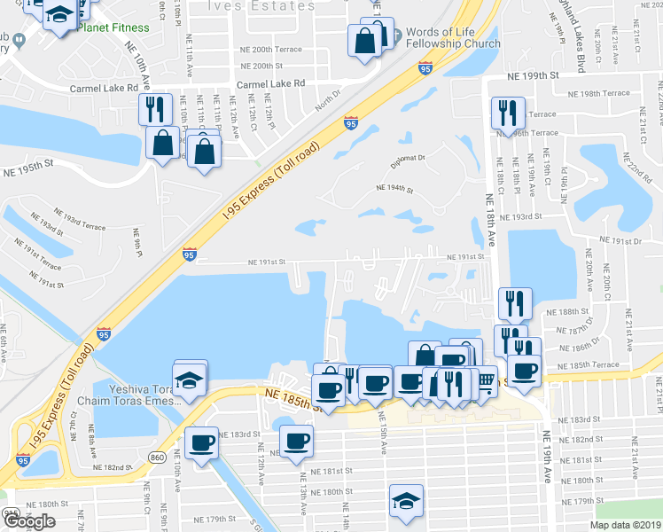 map of restaurants, bars, coffee shops, grocery stores, and more near 1351 Northeast 191st Street in North Miami Beach