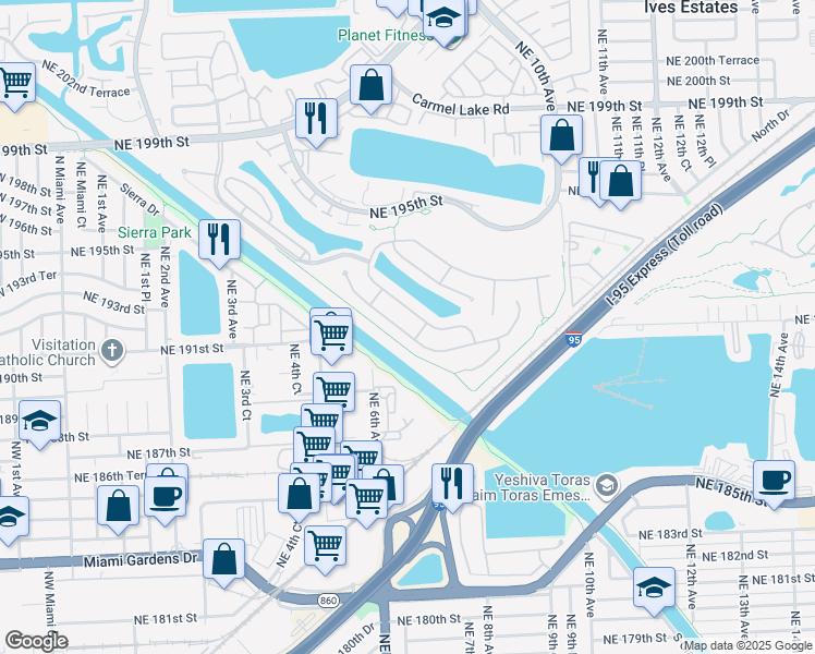 map of restaurants, bars, coffee shops, grocery stores, and more near 655 Northeast 191st Street in Miami