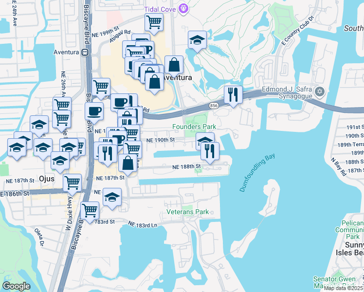 map of restaurants, bars, coffee shops, grocery stores, and more near 3100 Northeast 190th Street in Aventura