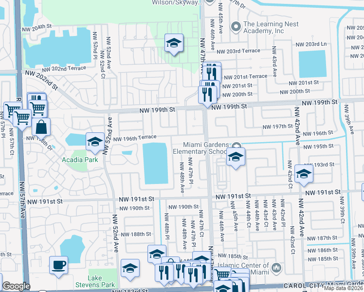 map of restaurants, bars, coffee shops, grocery stores, and more near 4781 Northwest 195th Terrace in Miami Gardens