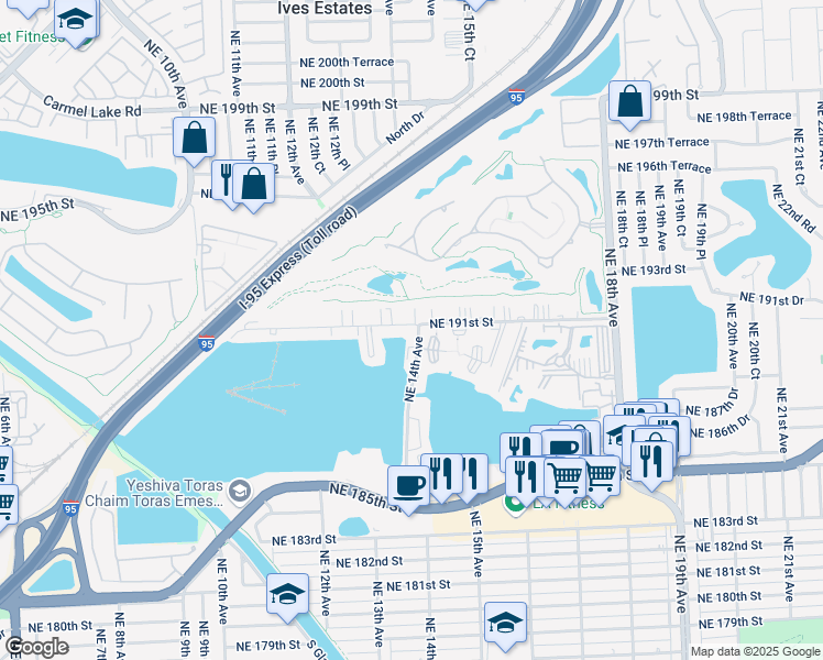map of restaurants, bars, coffee shops, grocery stores, and more near 1351 Northeast 191st Street in North Miami Beach