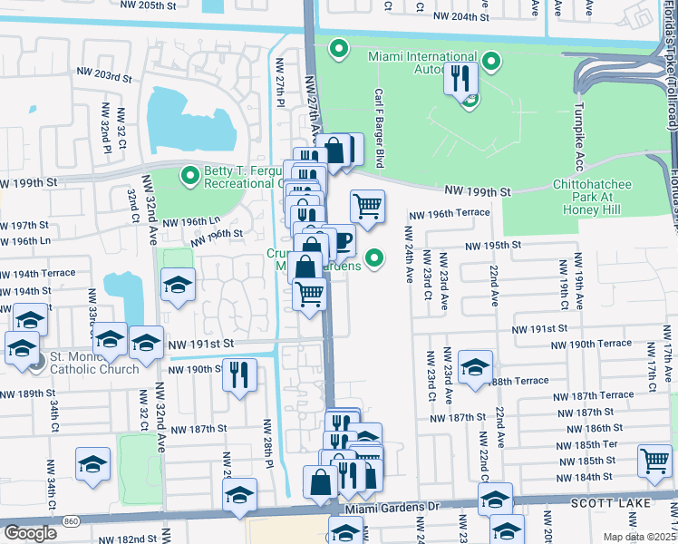 map of restaurants, bars, coffee shops, grocery stores, and more near 19335-19469 Northwest 27th Avenue in Miami Gardens