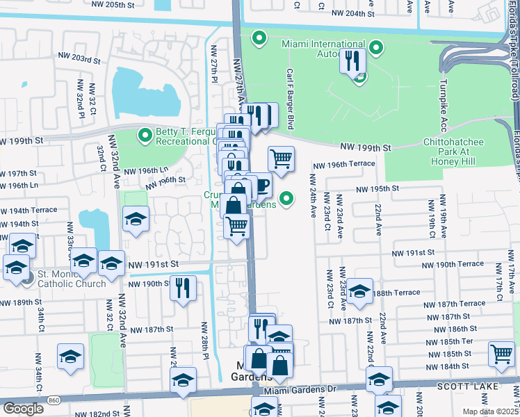 map of restaurants, bars, coffee shops, grocery stores, and more near 19335-19469 Northwest 27th Avenue in Miami Gardens
