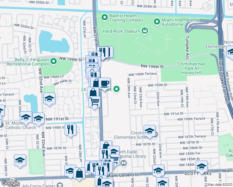 map of restaurants, bars, coffee shops, grocery stores, and more near 19371 Northwest 27th Avenue in Miami Gardens