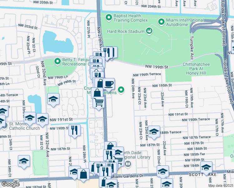 map of restaurants, bars, coffee shops, grocery stores, and more near 19501 NW 27th Ave in Miami Gardens