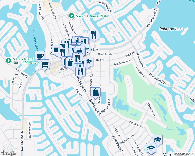 map of restaurants, bars, coffee shops, grocery stores, and more near 302 Marco Lake Drive in Marco Island