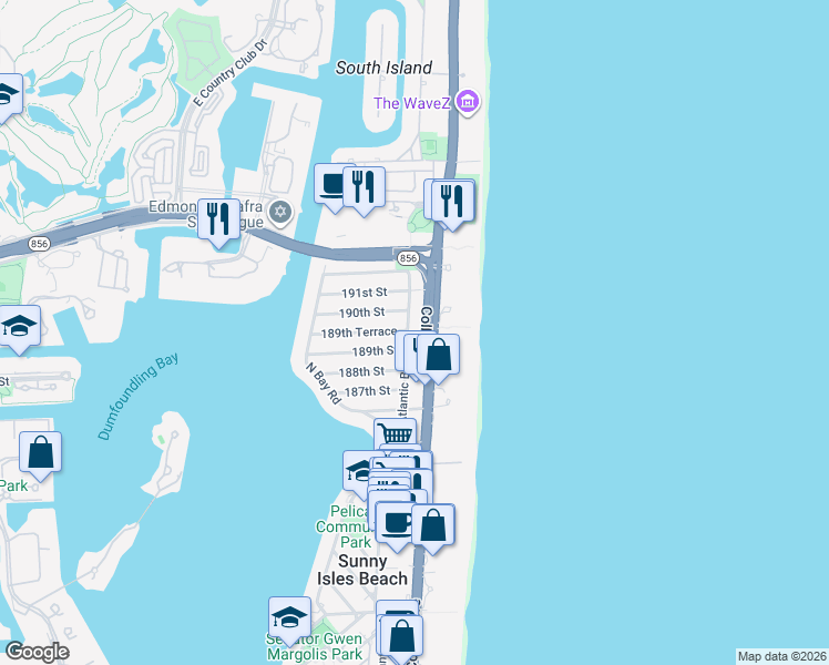 map of restaurants, bars, coffee shops, grocery stores, and more near 18935 Atlantic Boulevard in Sunny Isles Beach