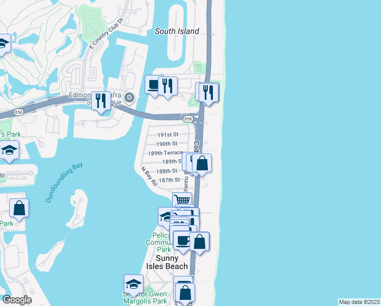 map of restaurants, bars, coffee shops, grocery stores, and more near 18965 Atlantic Boulevard in Sunny Isles Beach