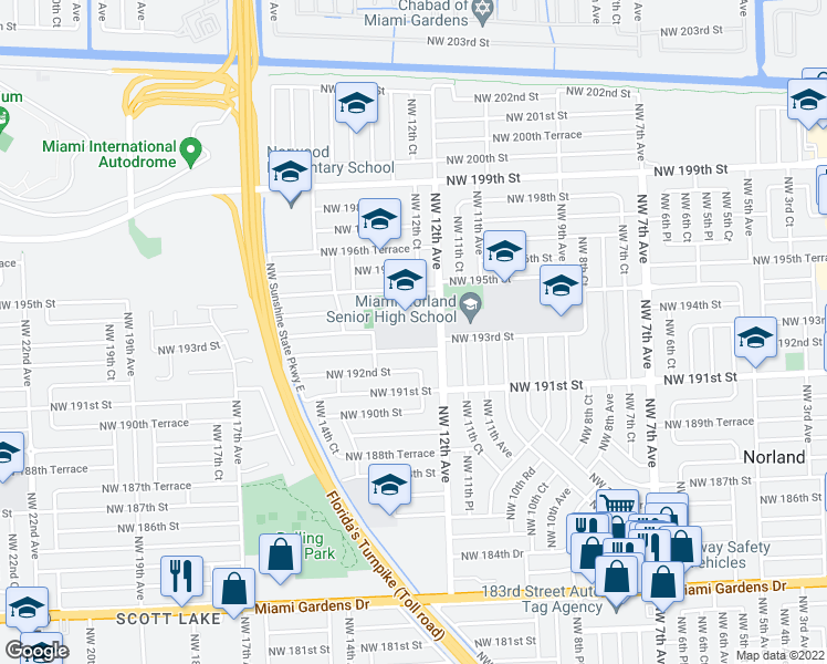 map of restaurants, bars, coffee shops, grocery stores, and more near 1235 Northwest 192nd Terrace in Miami