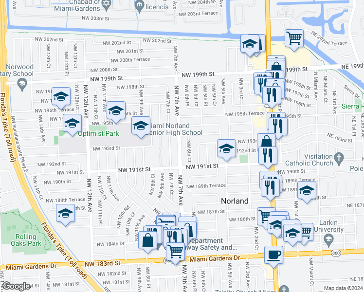 map of restaurants, bars, coffee shops, grocery stores, and more near 19241 Northwest 7th Avenue in Miami