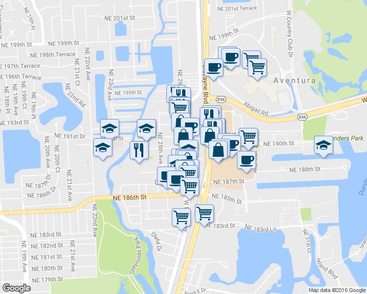 map of restaurants, bars, coffee shops, grocery stores, and more near 2565 Northeast 190th Street in Miami