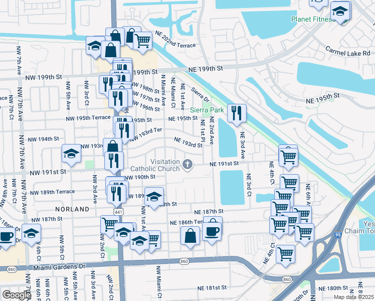map of restaurants, bars, coffee shops, grocery stores, and more near 130 Northeast 193rd Street in Miami