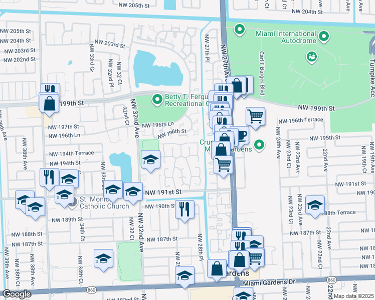 map of restaurants, bars, coffee shops, grocery stores, and more near 19473 Northwest 29th Court in Miami Gardens