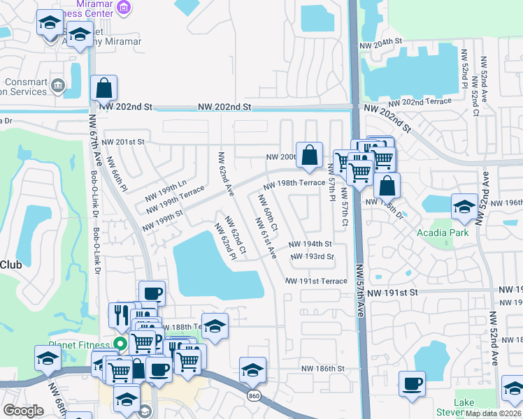 map of restaurants, bars, coffee shops, grocery stores, and more near 19754 Northwest 61st Avenue in Hialeah