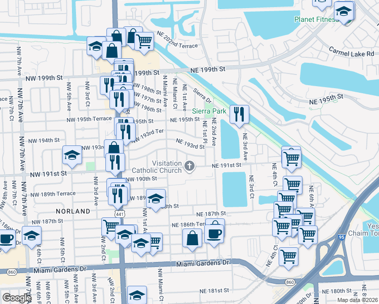 map of restaurants, bars, coffee shops, grocery stores, and more near 130 Northeast 193rd Street in Miami