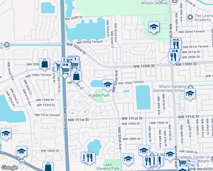 map of restaurants, bars, coffee shops, grocery stores, and more near 5221 Northwest 196th Terrace in Miami Gardens
