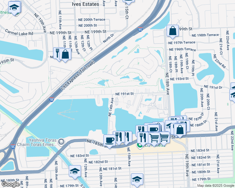 map of restaurants, bars, coffee shops, grocery stores, and more near 1401 Northeast 191st Street in Miami