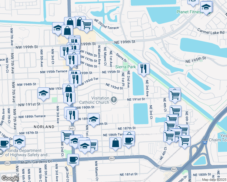 map of restaurants, bars, coffee shops, grocery stores, and more near 130 Northeast 193rd Street in Miami